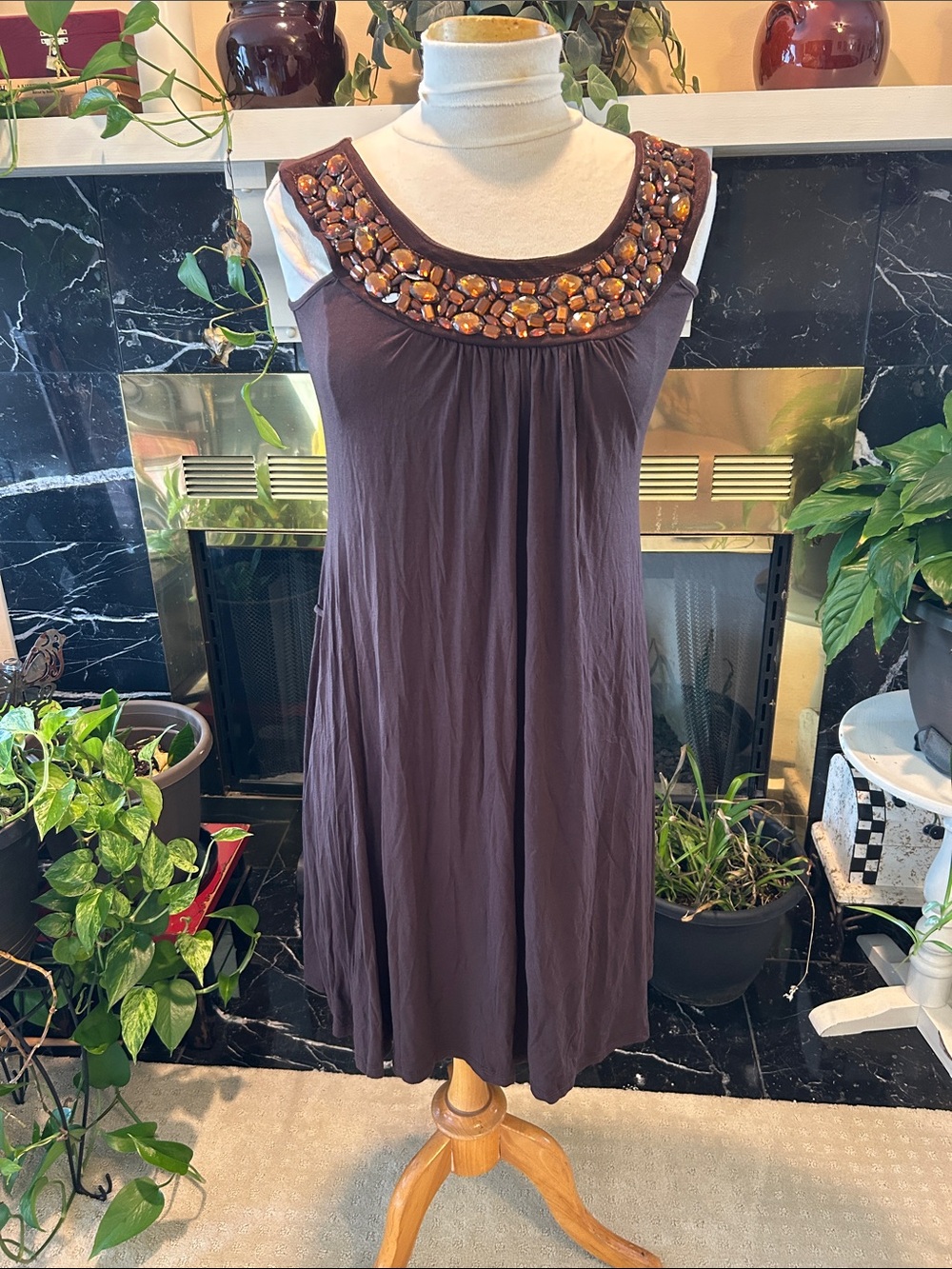 Sleeveless Brown Midi Dress with Beaded Neckline